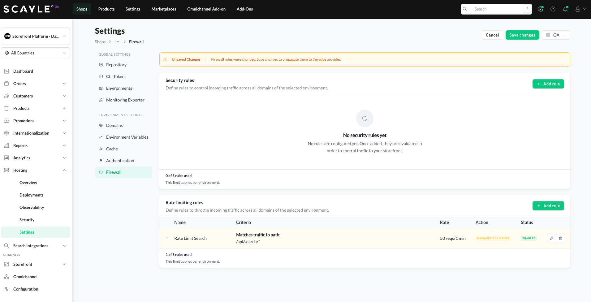 Rate limiting rules list on the Firewall page showing a single configured rule for /api/search/* with 50 requests per minute Managed Challenge action